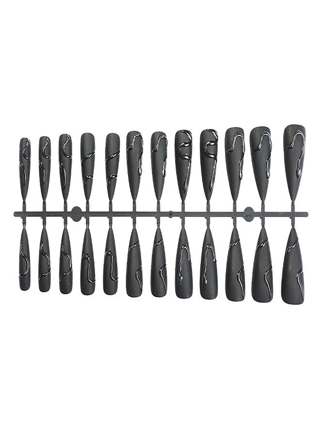 GRITOSE 24 Pcs Matte Black Press on Nails Stiletto Long Fake Nails with Glue Full Cover Artificial False Nails with Snake Design Acrylic Black Nails Press ons Halloween Nail Reusable Stick on Nail for Women - Image 4